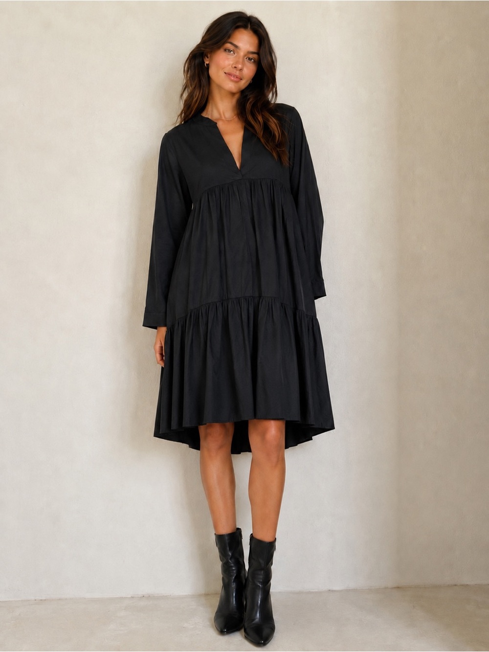 ZARA Black Tiered High Low Long Sleeve Midi Dress Boho Minimalist